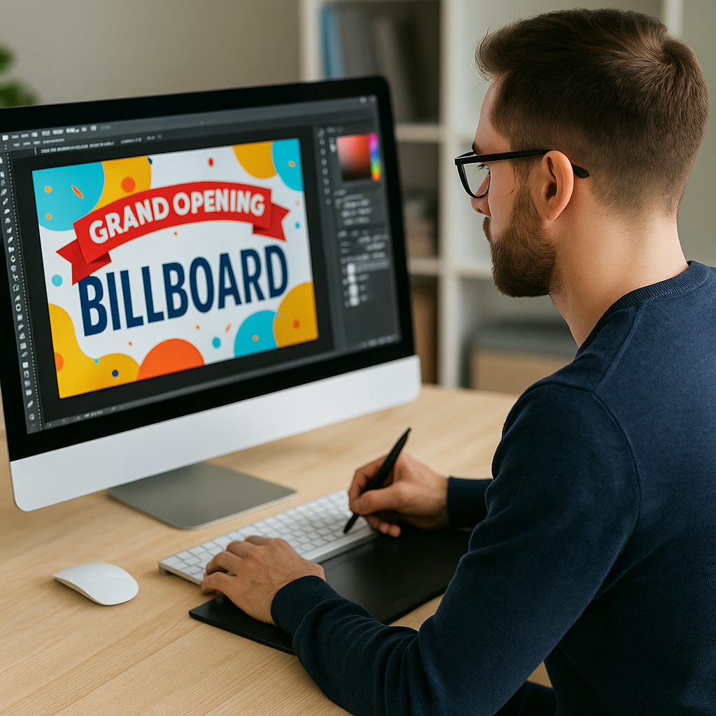 Diseñador gráfico creando lonas publicitarias en ordenador con Gescom Impresión