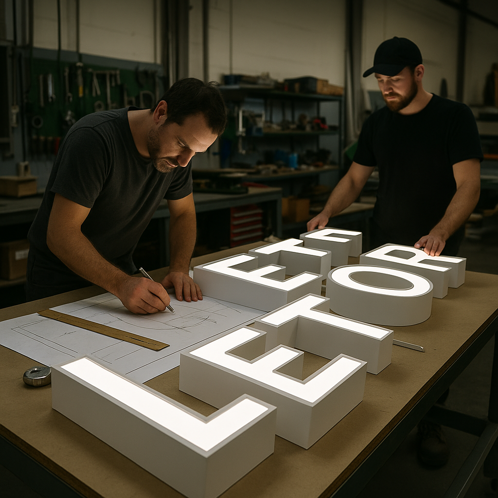 Diseñador gráfico trabajando en el diseño de letras corpóreas